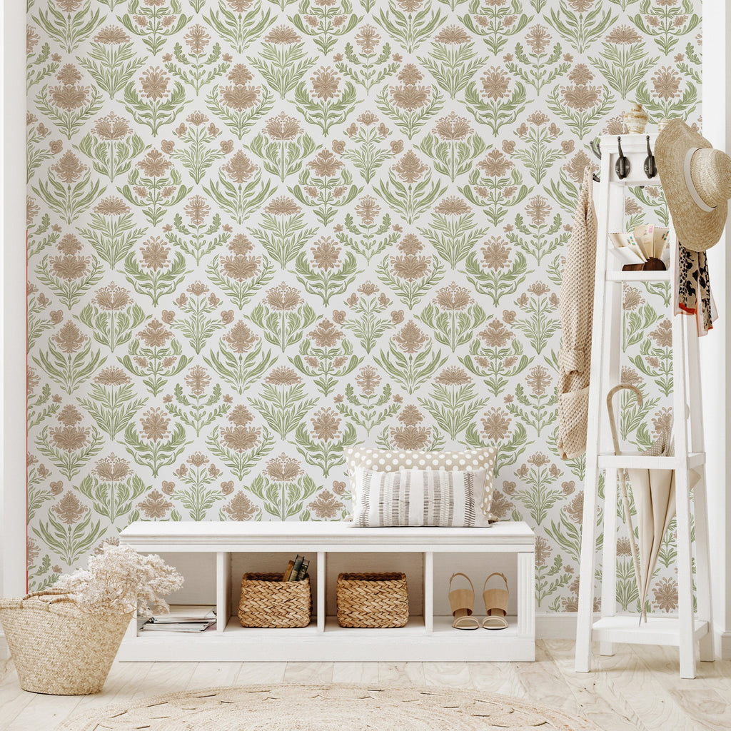 Nolie floral wallpaper featuring delicate green, beige, and white botanical patterns on a neutral background.