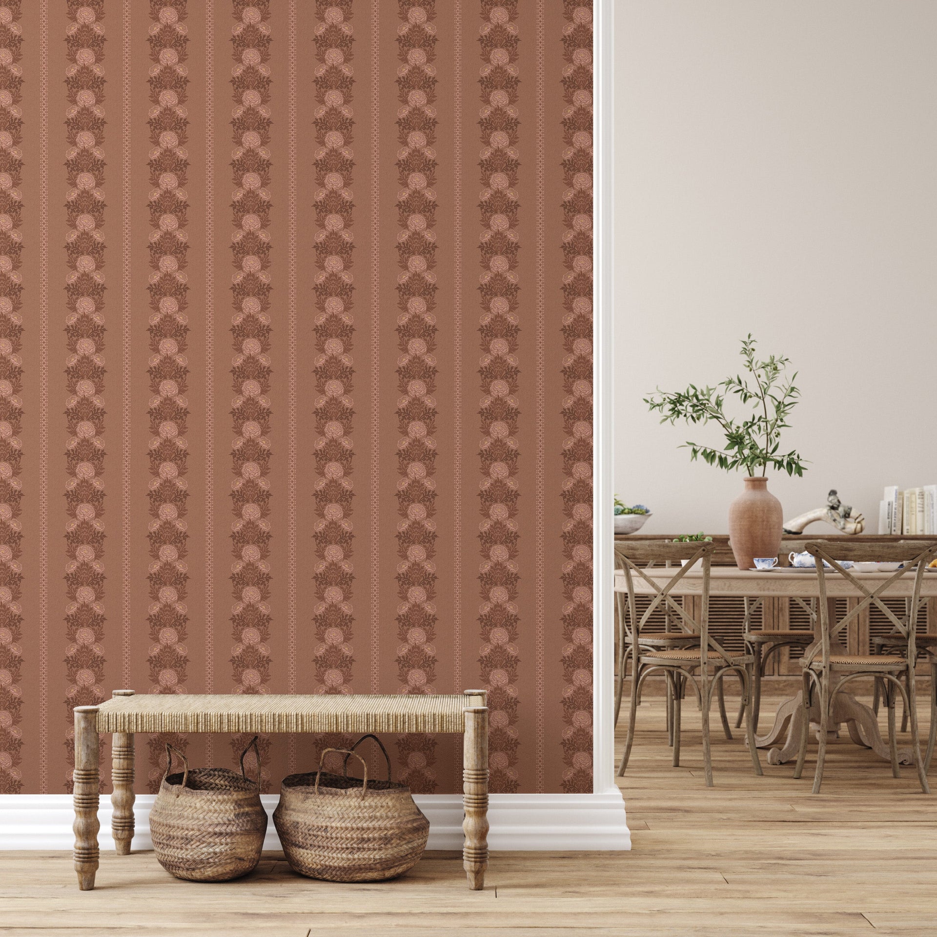 Lucia Floral Wallpaper in Grey, Beige, Terracotta and Gold