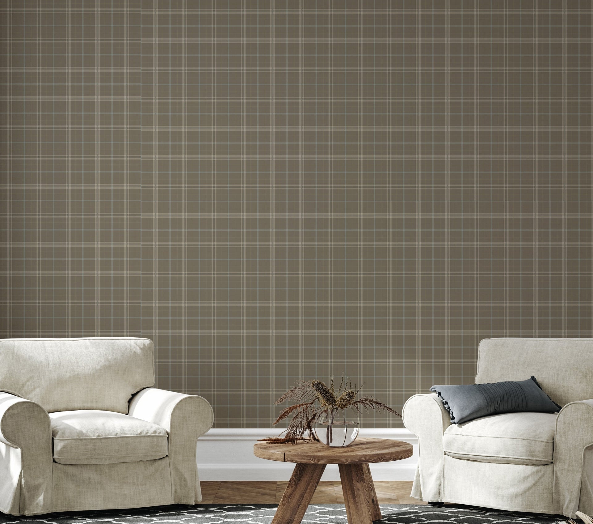 Alcott Plaid Wallpaper in Olive Green and Cream Farmhouse