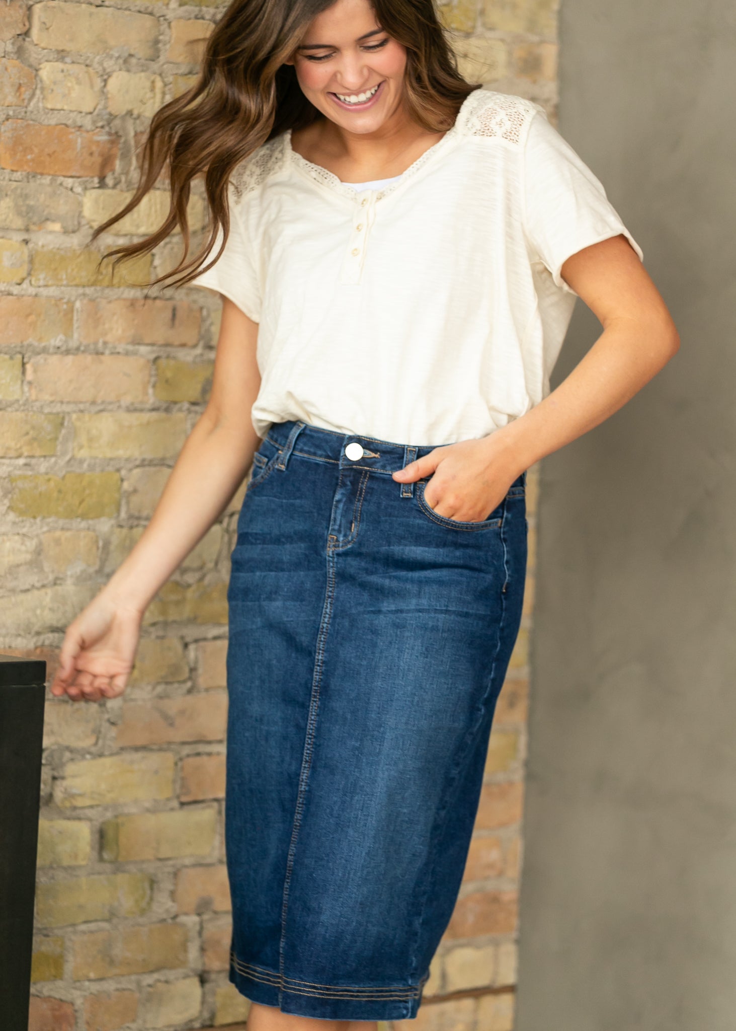 Bryn Dark Wash Denim Midi Skirt | High-Rise Straight Fit