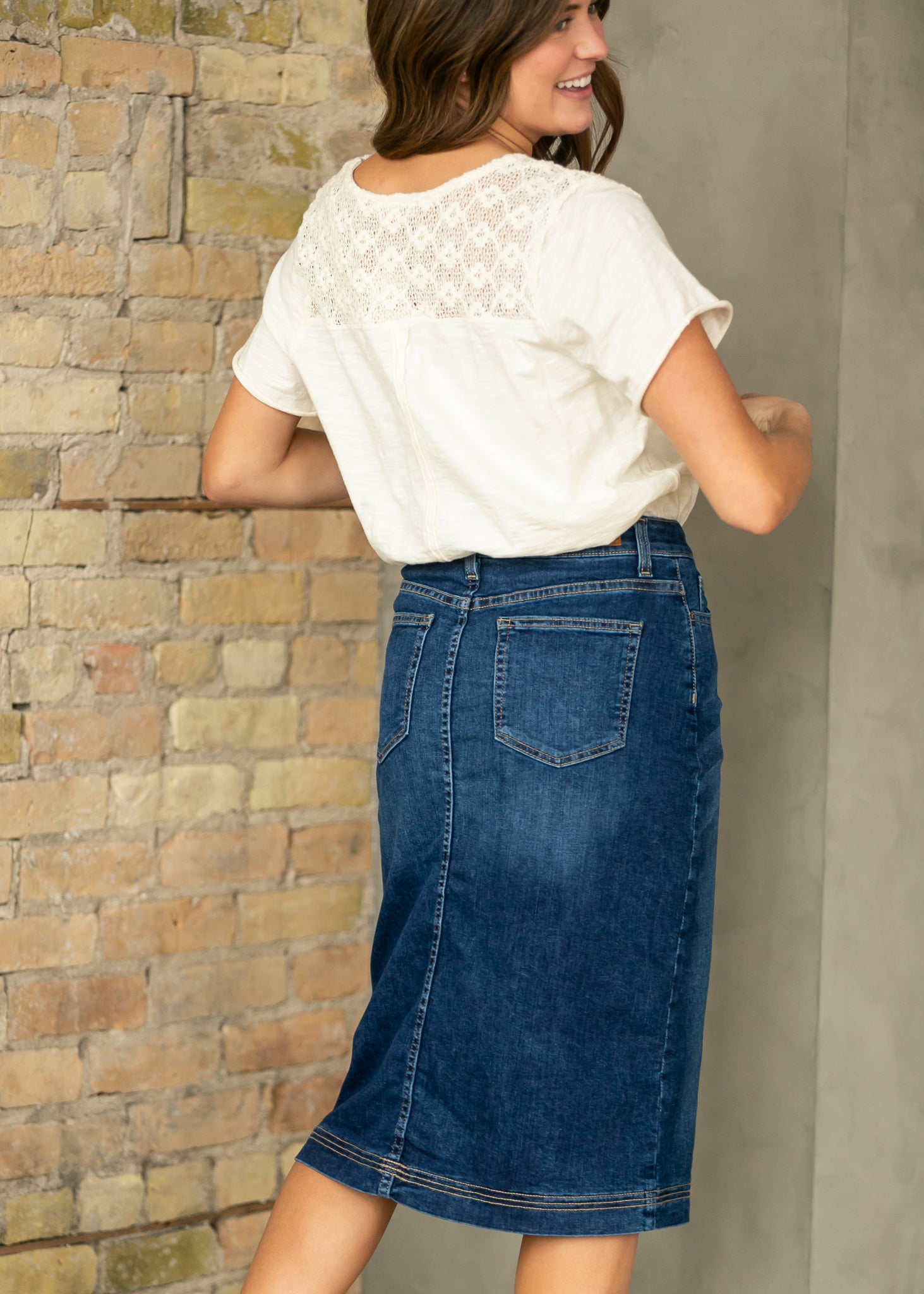 Bryn Dark Wash Denim Midi Skirt | High-Rise Straight Fit