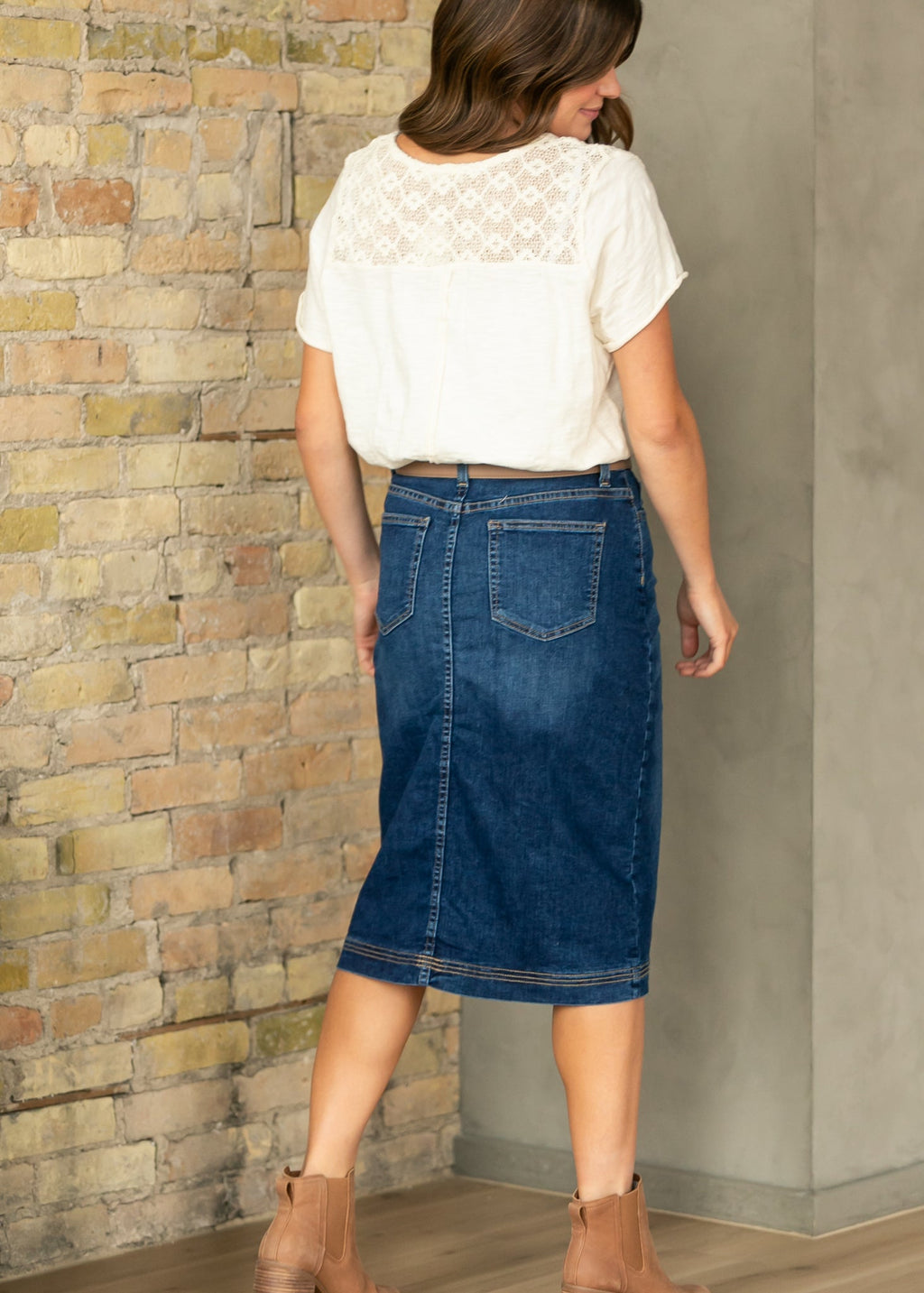 Bryn Dark Wash Denim Midi Skirt | High-Rise Straight Fit