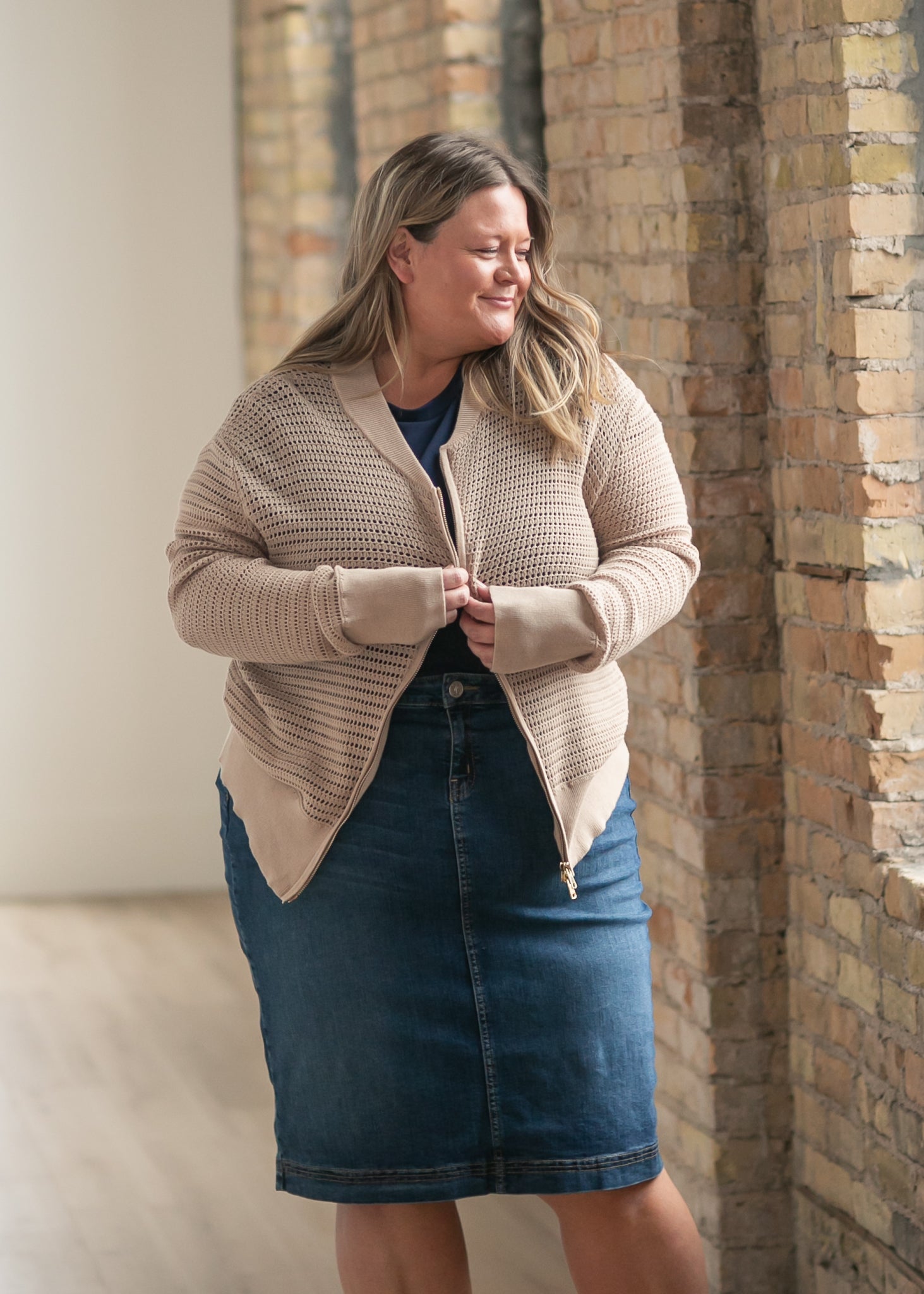 Bryn Dark Wash Denim Midi Skirt | High-Rise Straight Fit