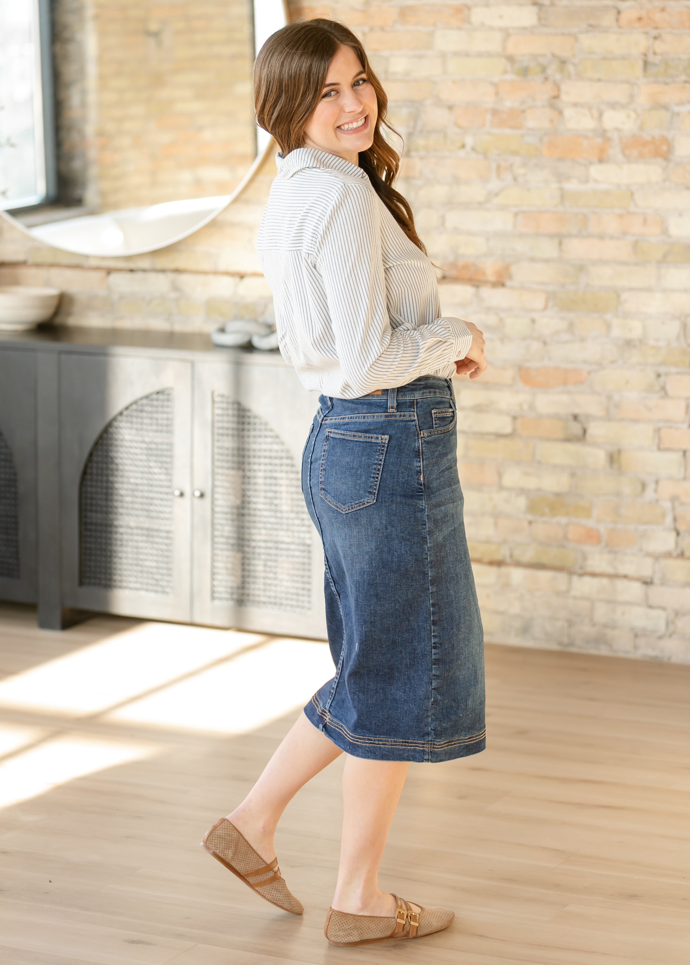 Bryn Dark Wash Denim Midi Skirt | High-Rise Straight Fit