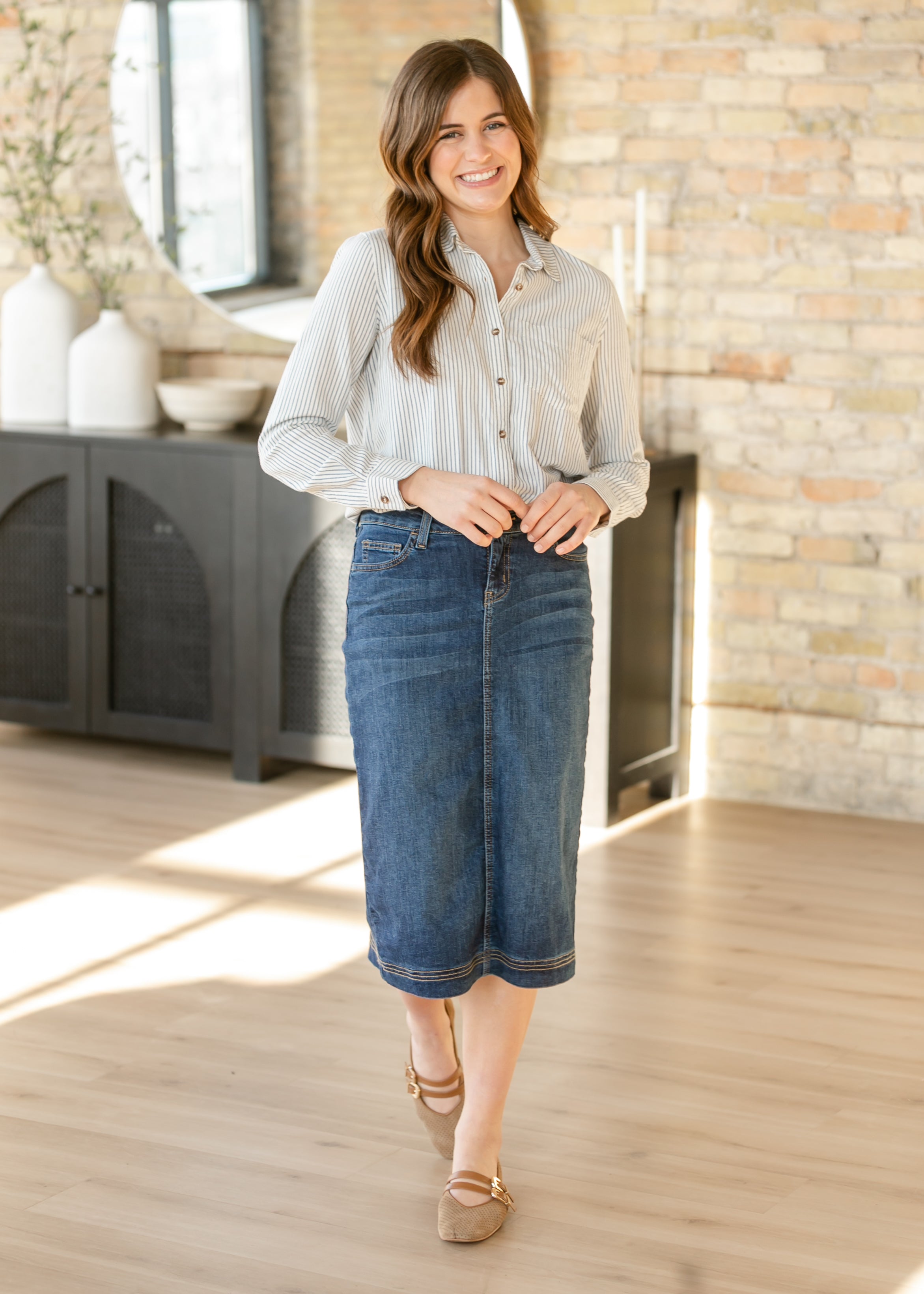 Bryn Dark Wash Denim Midi Skirt | High-Rise Straight Fit