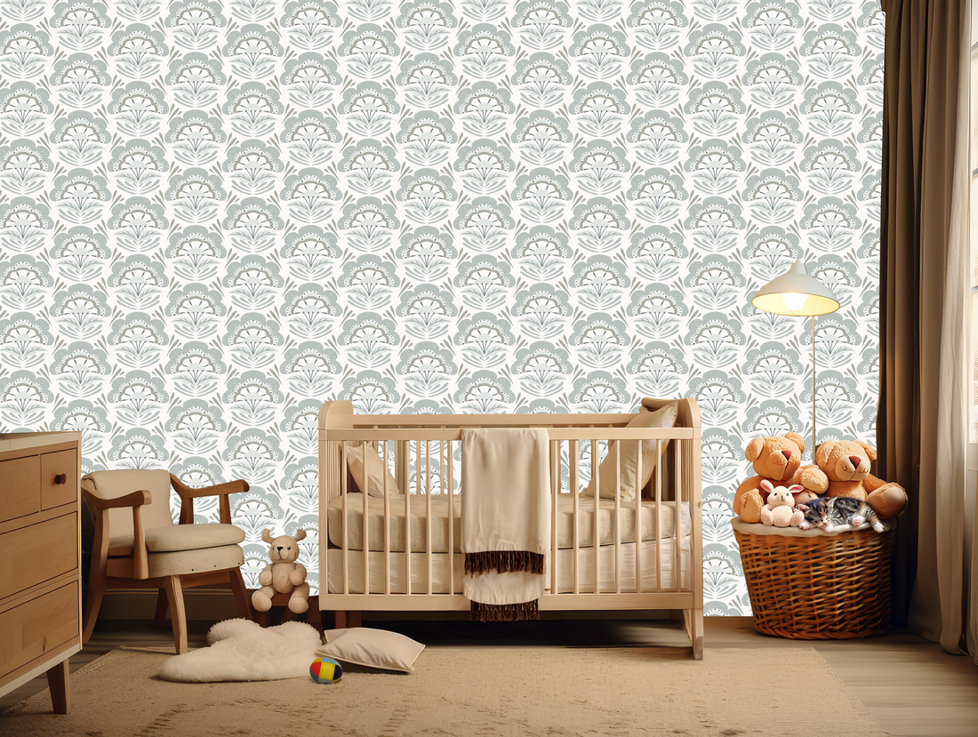 Brynn Floral Wallpaper in Blue, White, and Sage-Green
