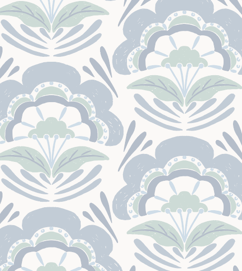 Brynn Floral Wallpaper in Blue, White, and Sage-Green