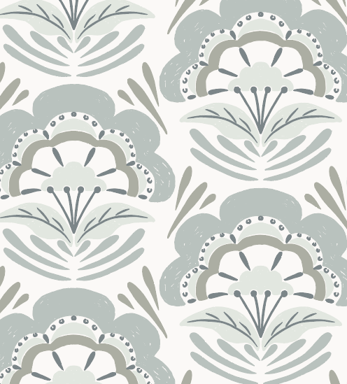 Brynn Floral Wallpaper in Blue, White, and Sage-Green