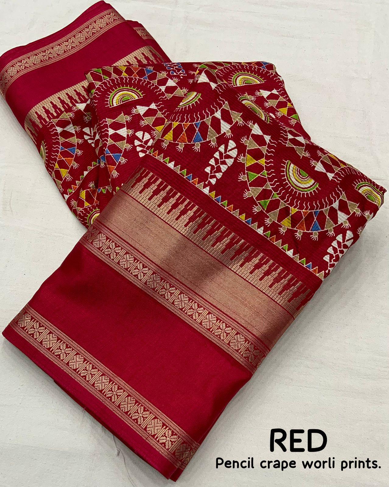Red Cotton Crepe Zari Woven Saree with Bentex Border