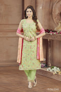 Woman wearing a Pista color tissue kurta set with detailed embroidery and round neck design