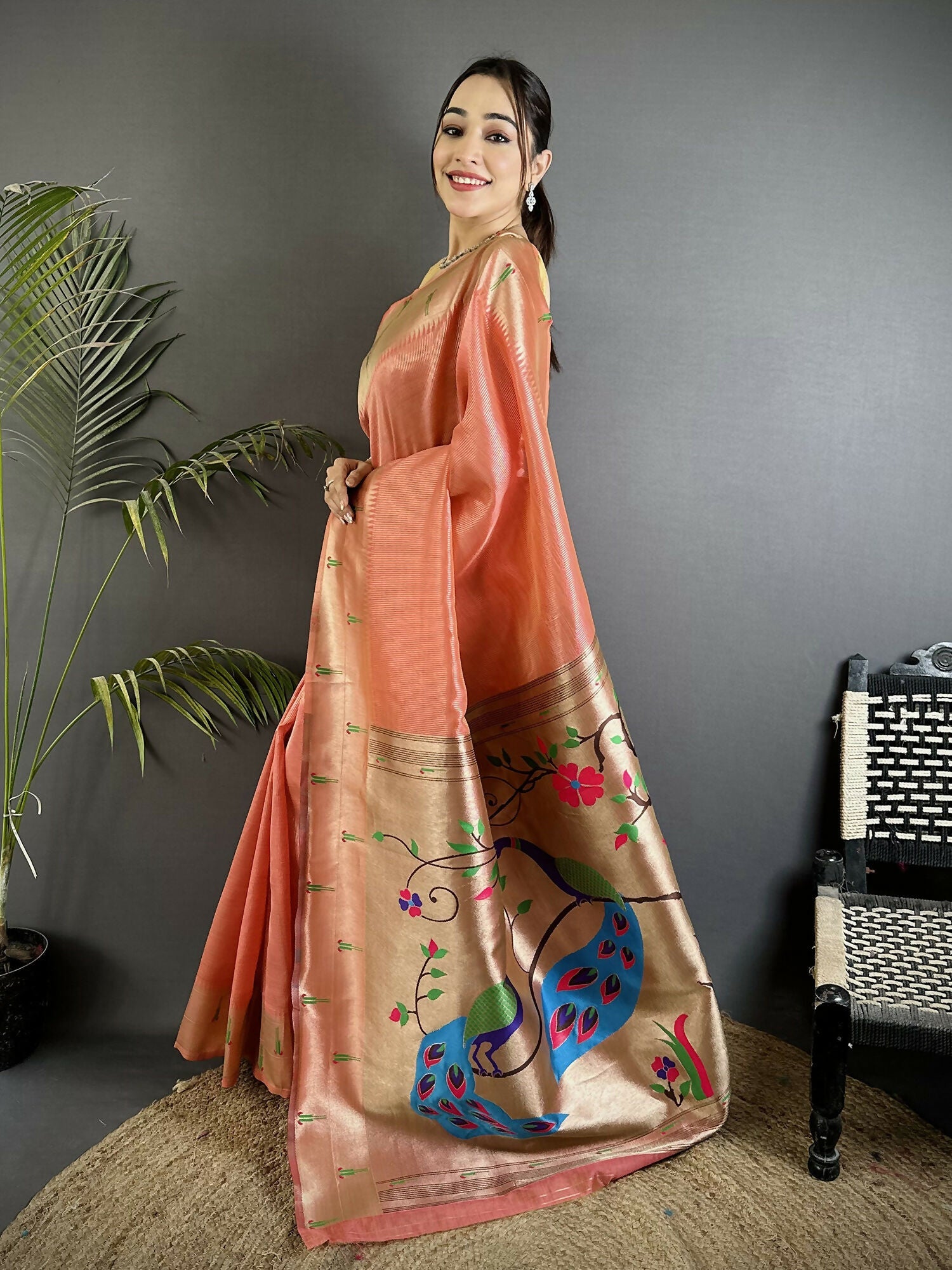 Light Orange Tissue Paithani Saree with Peacock and Floral Motifs