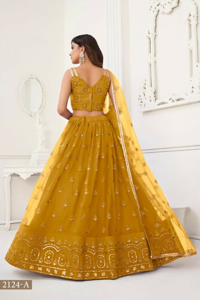 Mustard Yellow Butterfly Net Lehenga with Sequence Embroidery