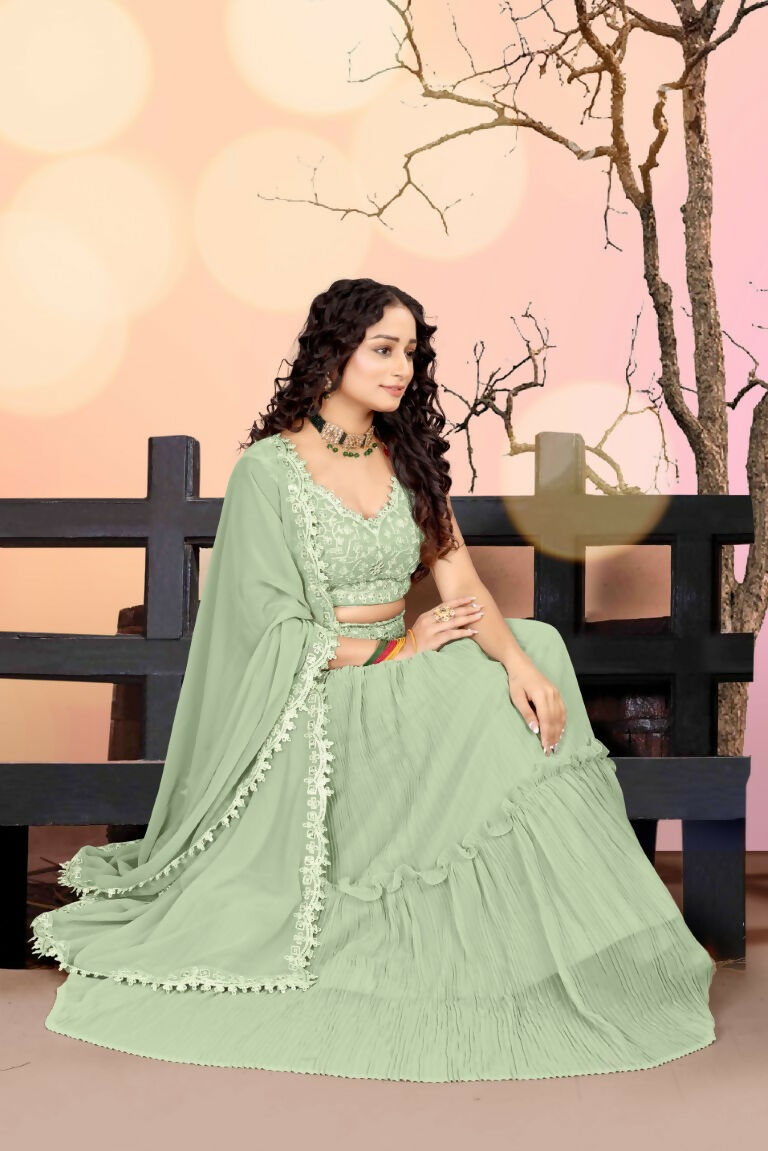 Sea Green Two Tier Crush Georgette Lehenga Choli with Dupatta