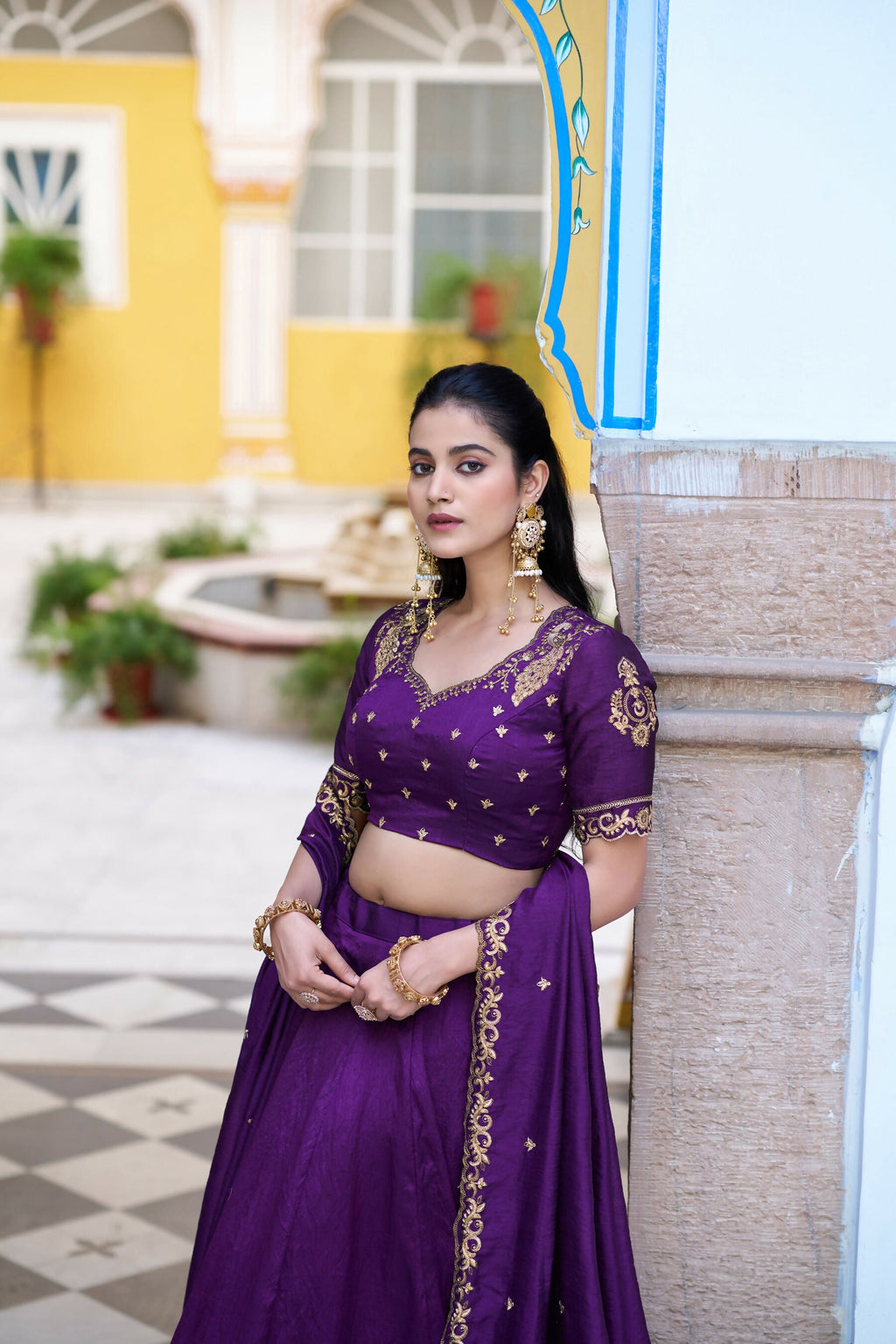 Purple NC Silk Lehenga Choli Set with Embroidery and Dupatta