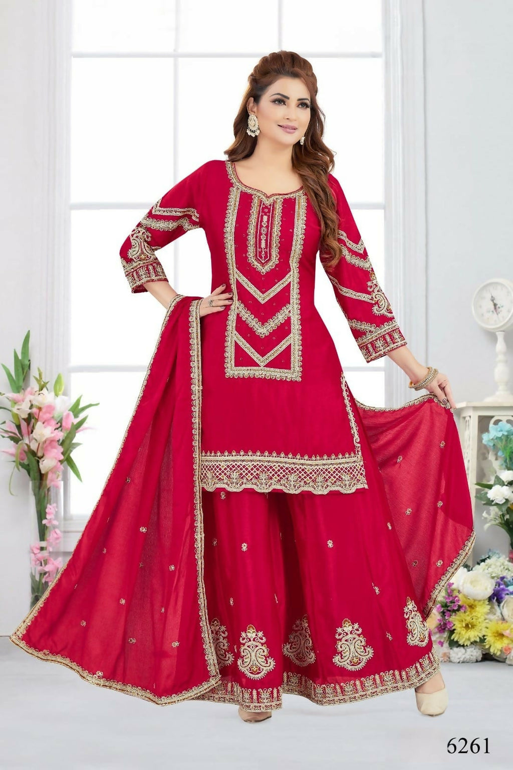 Joban Fashion Chinon Silk Red Color Kurta Set