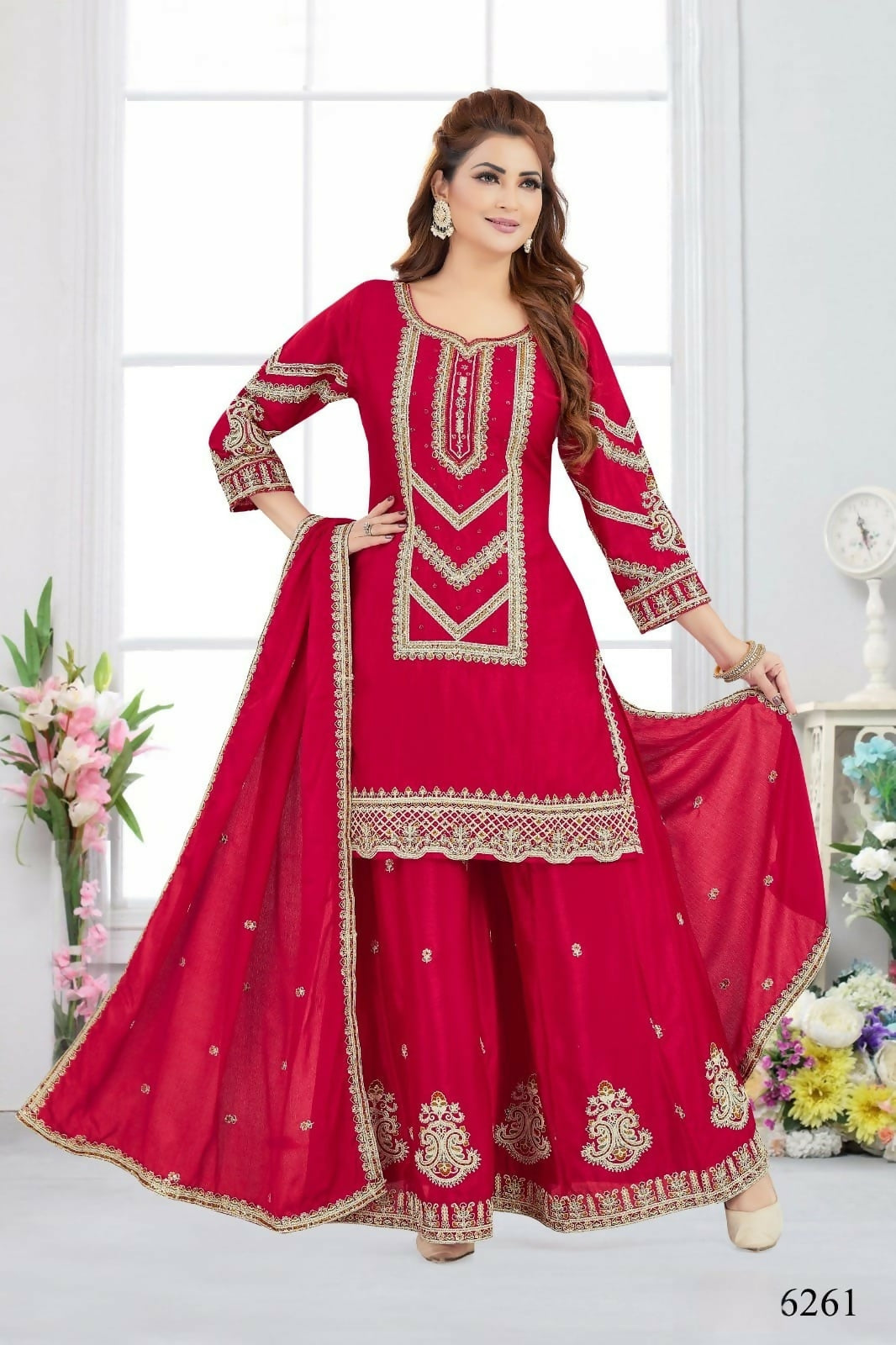 Joban Fashion Chinon Silk Red Color Kurta Set