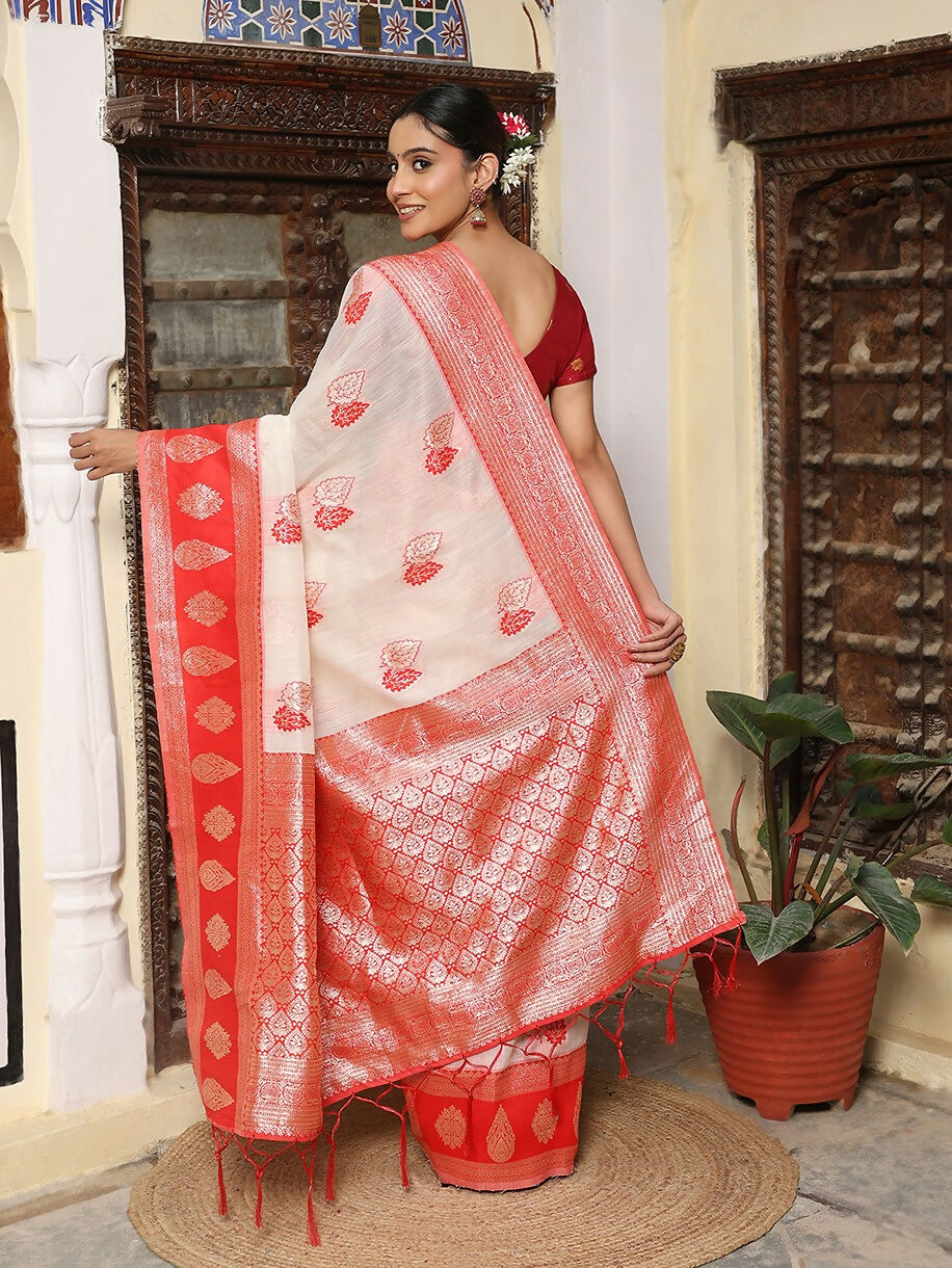 White and Red Linen Cotton Saree with Matching Blouse