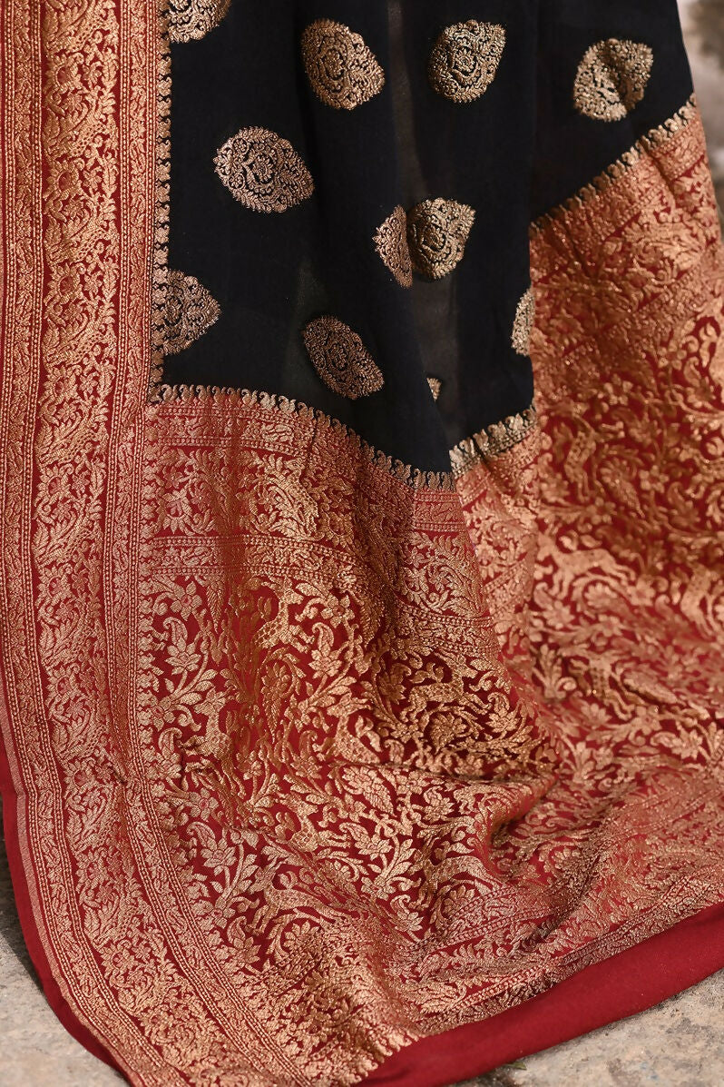 Black Crepe Chiffon Banarasi Silk Handloom Saree