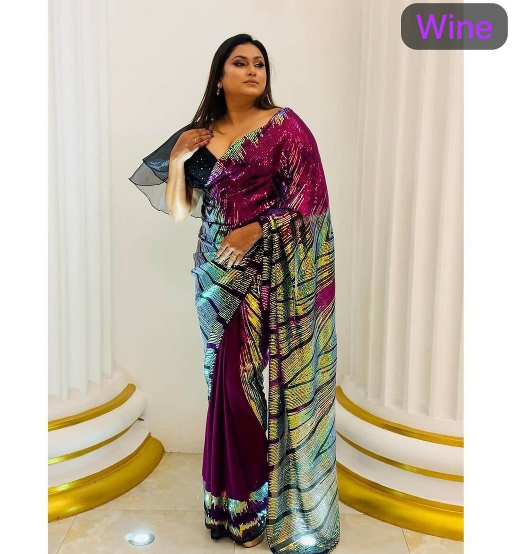 Wine Georgette Saree with Sequins and Banglori Silk Blouse