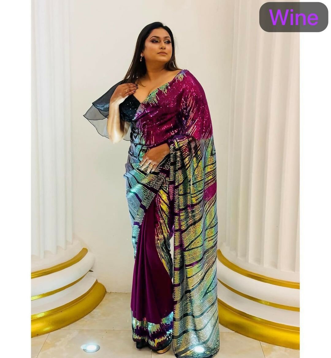 Wine Georgette Saree with Sequins and Banglori Silk Blouse