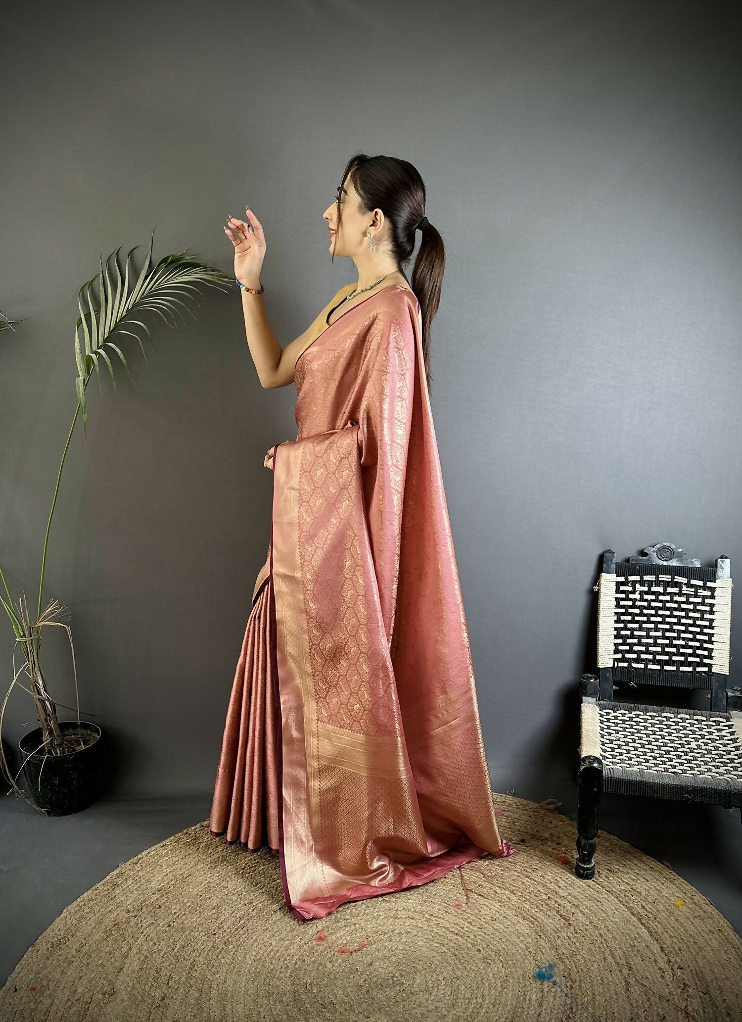 Rose Gold Paisley & Floral Soft Satin Silk Banarasi Saree