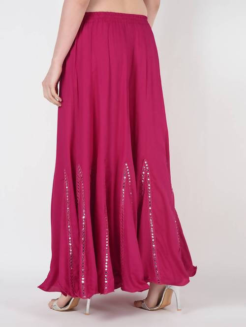 Magenta Flared Viscose Rayon Palazzo with Mirror Lace Work