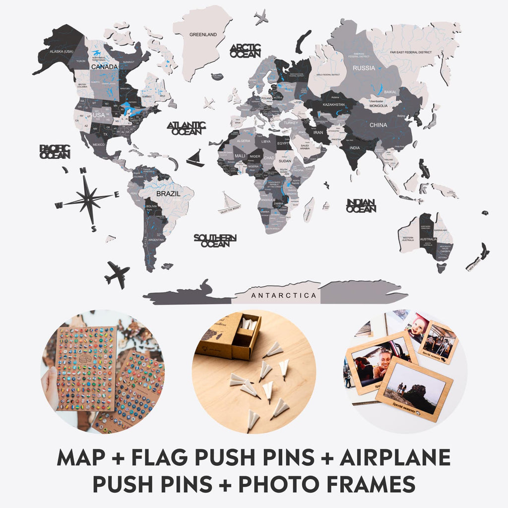 3D wooden world map wall art set with nine photo frames and travel-themed push pins in a modern living room
