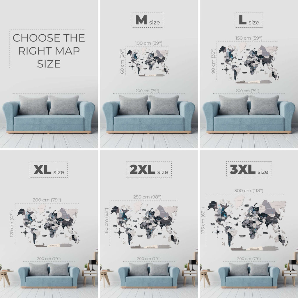 3D Wooden World Map Wall Art Set with Photo Frames and Pins