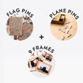 Travel-themed gallery wall kit with nine light wood photo frames and colorful world flag pins