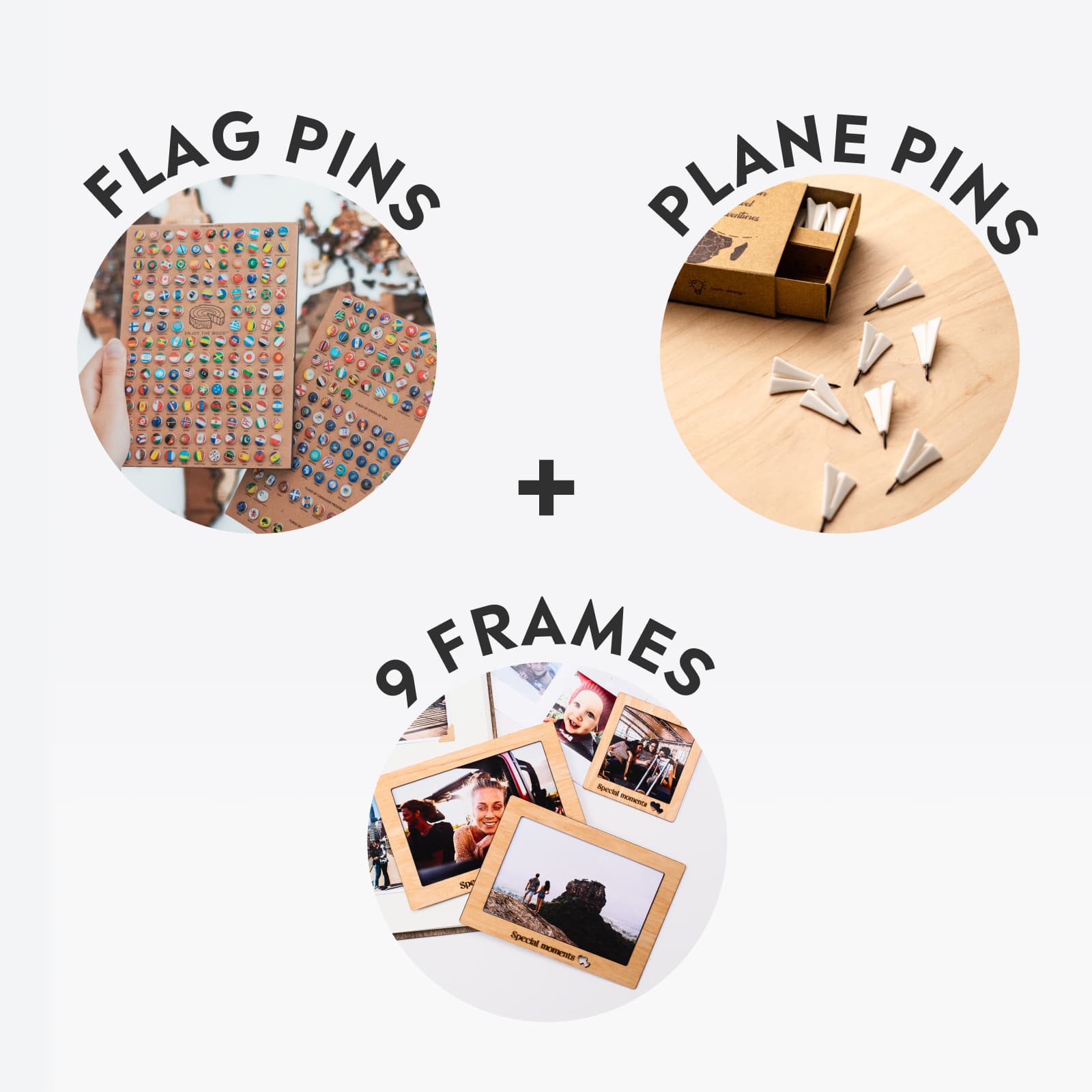 Travel-themed gallery wall kit with nine light wood photo frames and colorful world flag pins
