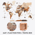 Wooden world map wall art set with pecan-colored travel memory box and flag pins