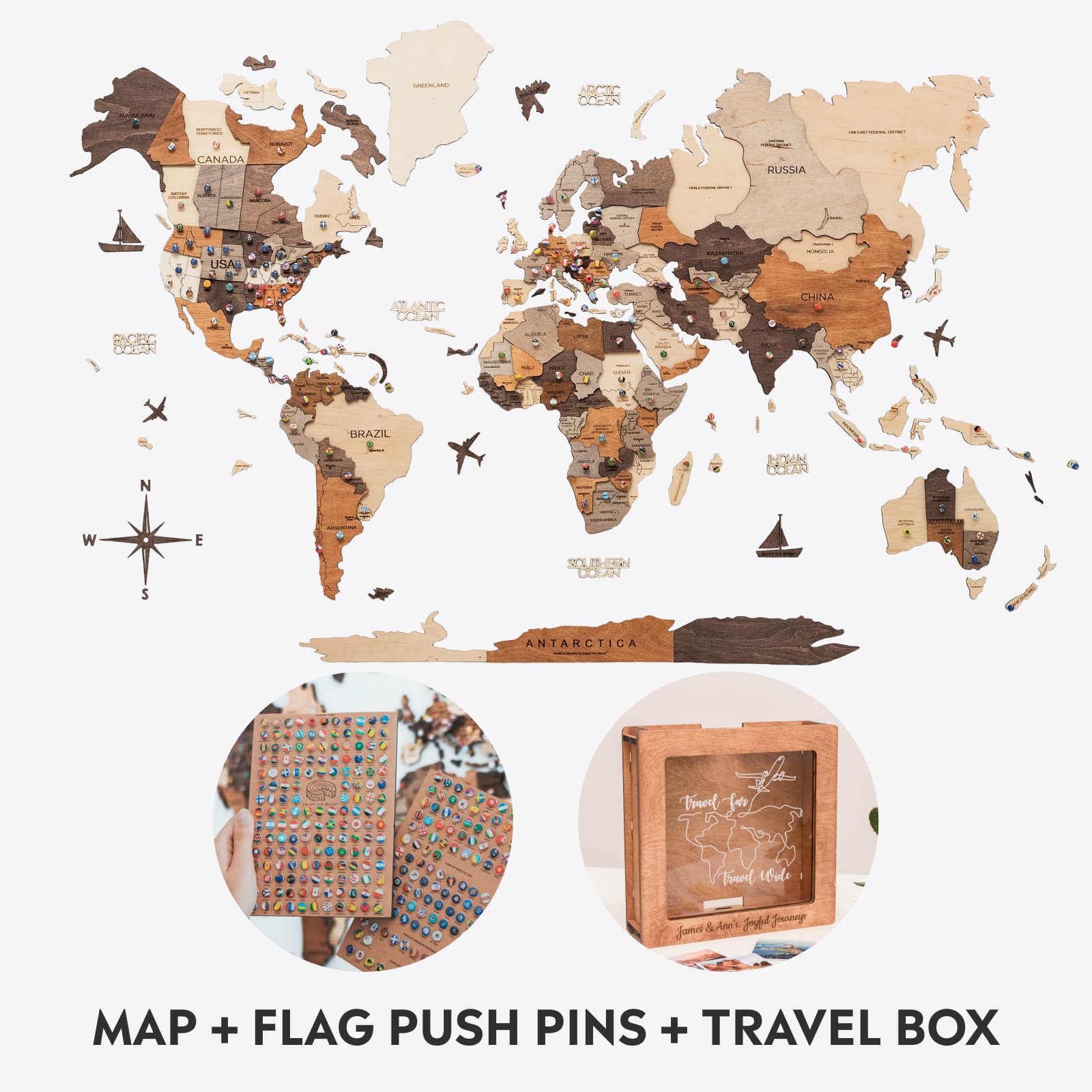 Wooden world map wall art set with pecan-colored travel memory box and flag pins