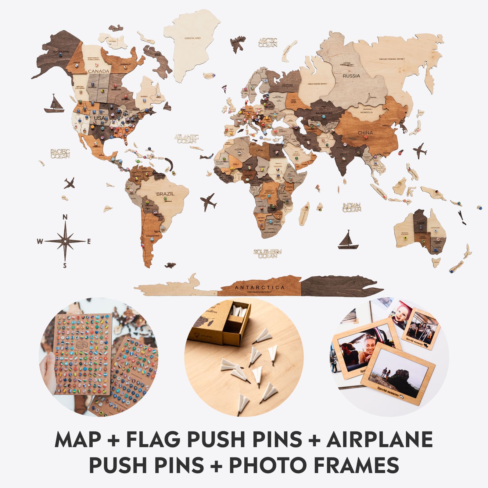 Wooden world map wall art bundle with airplane pins and photo frames