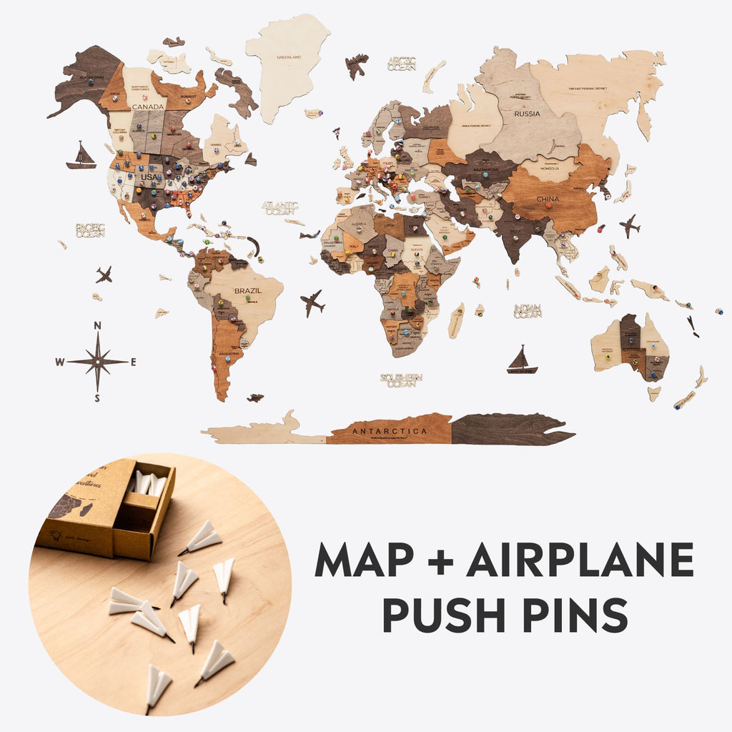 Wooden world map wall art with airplane push pins in brown and tan