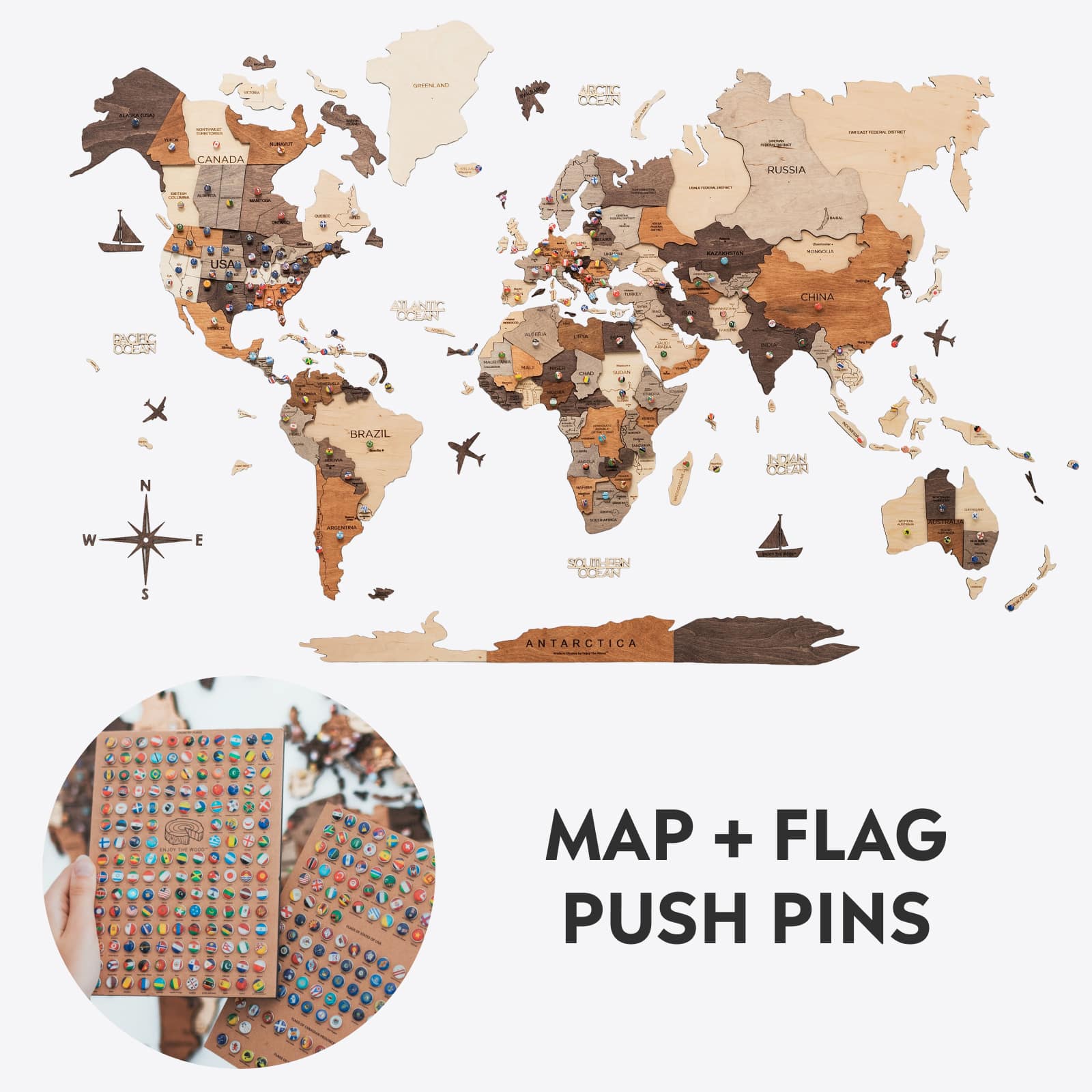 Modern wooden travel map wall art with flag pins in brown, tan, and beige tones.