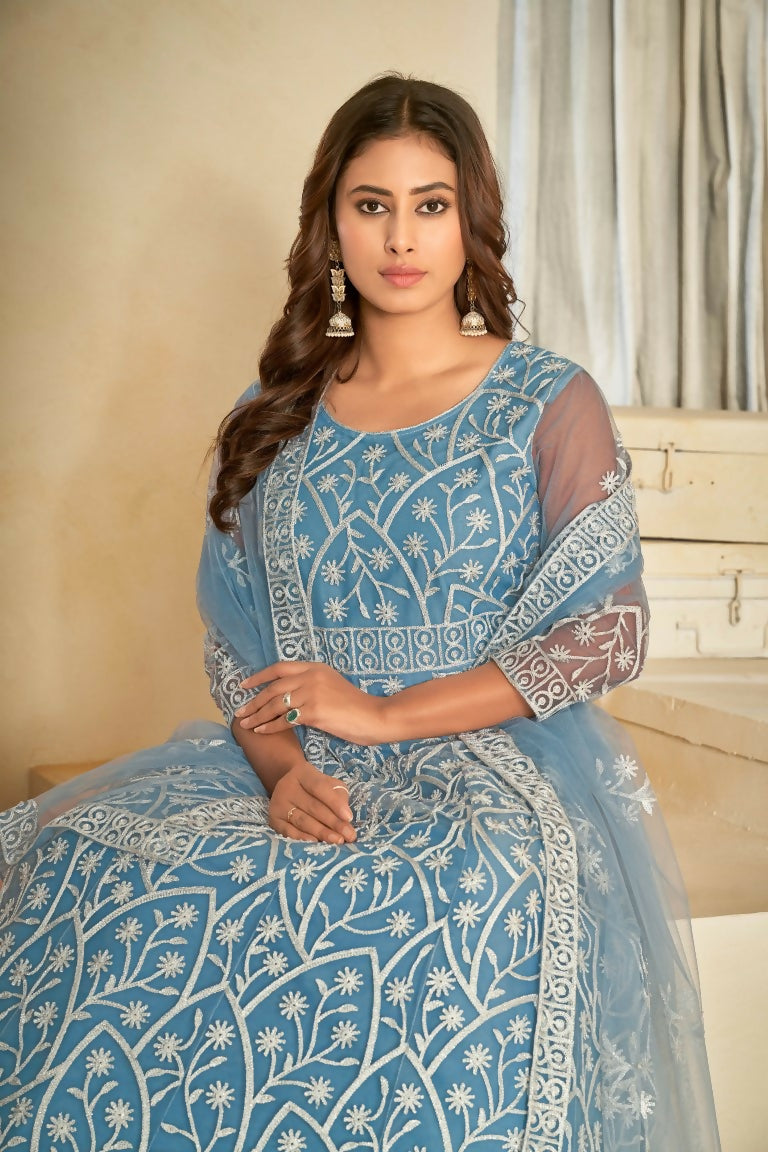 Sky Blue Net Embroidered Anarkali Kurta Pant Set with Dupatta