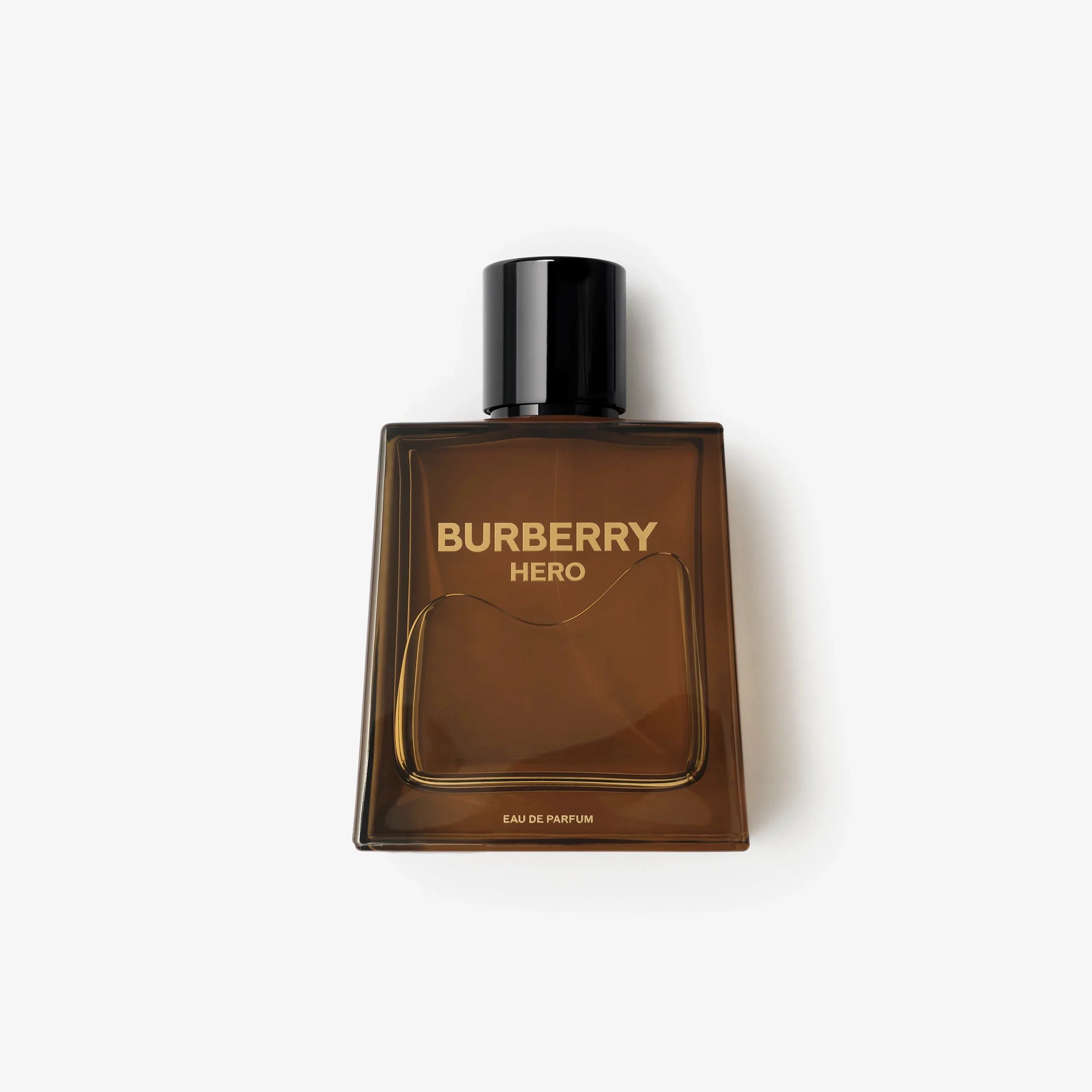 Burberry Hero Eau de Parfum 3.4 OZ bottle in deep oak-coloured glass with a black cap and gold detailing.