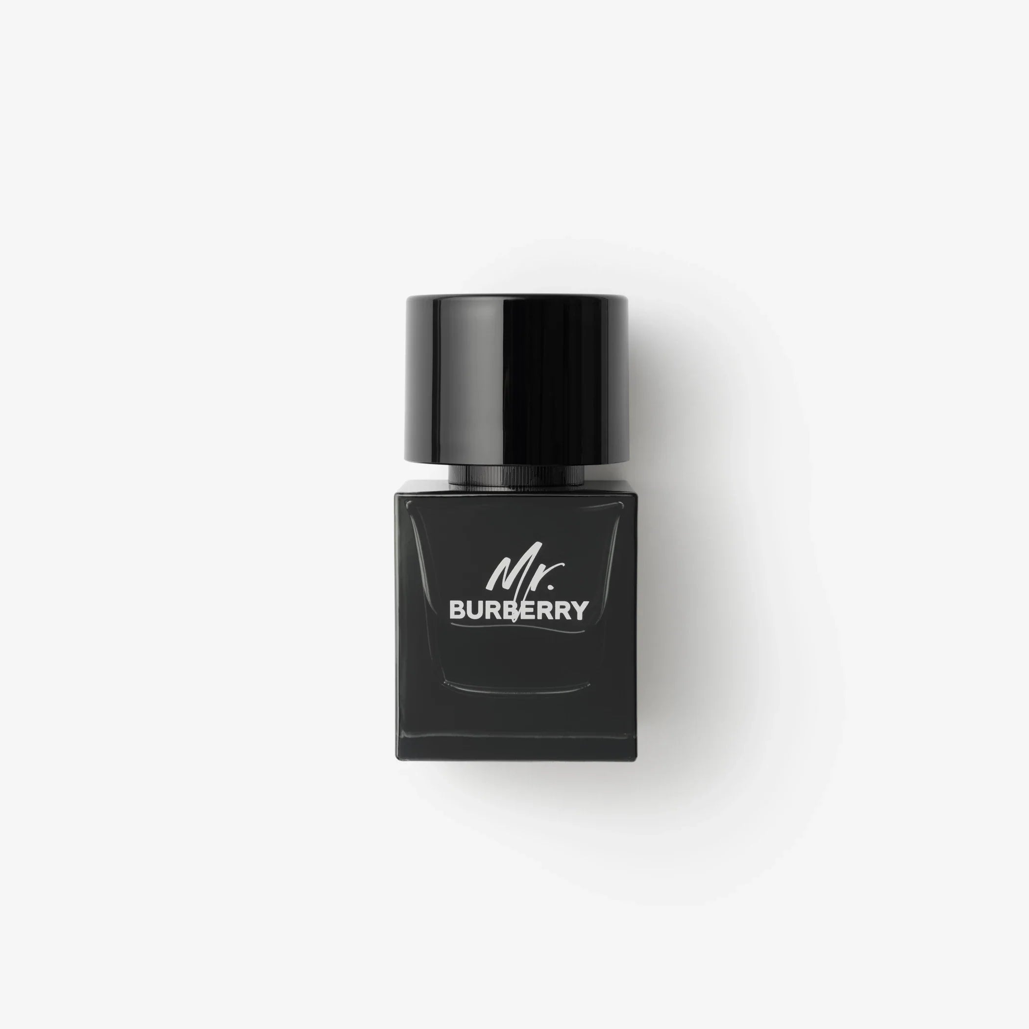 A 1.6 OZ bottle of Mr. Burberry Eau de Parfum featuring a black weighted cap and iconic trench coat-inspired design.