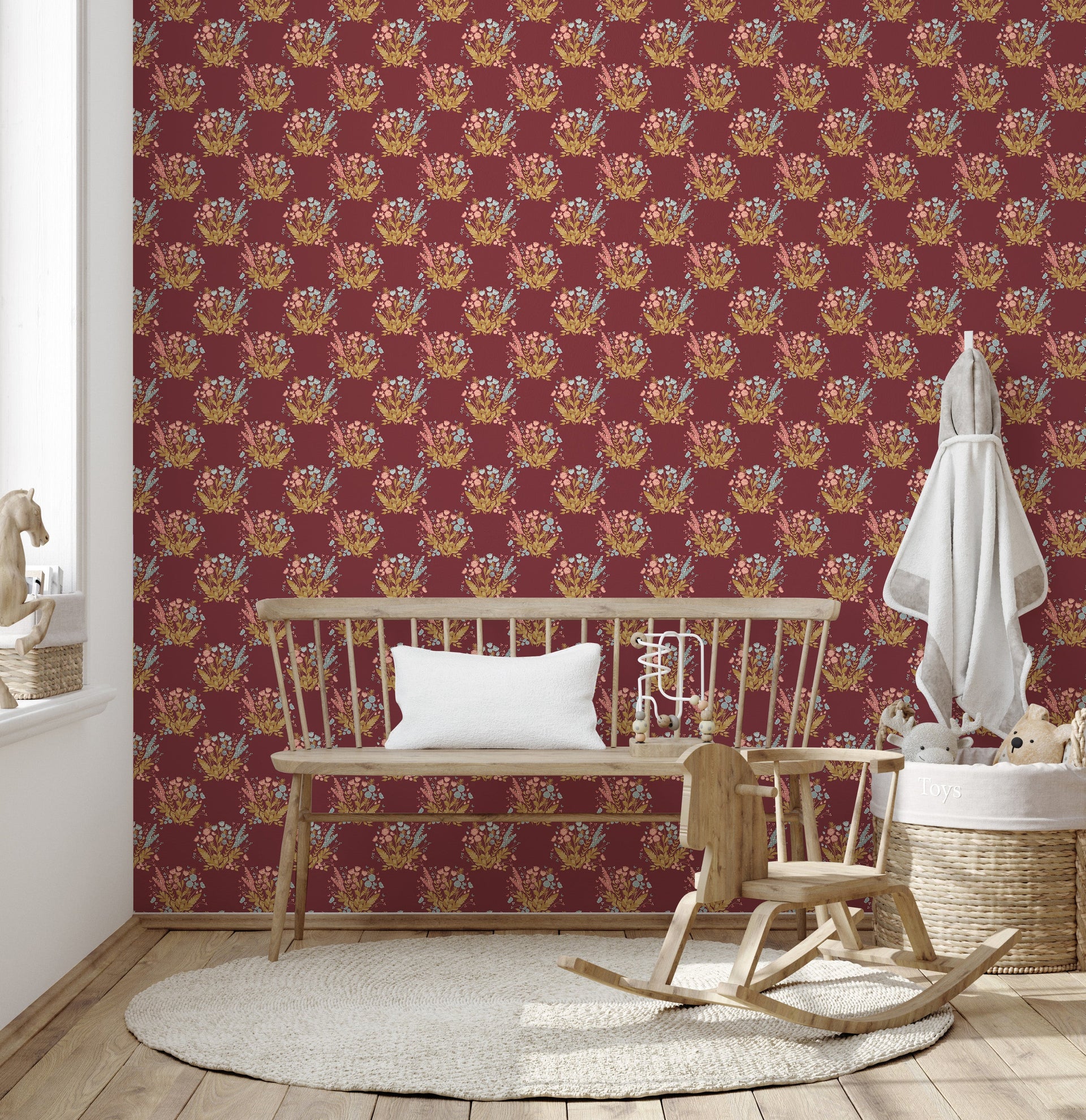 Maddie Floral Wallpaper - Cream, Maroon, Mustard-Yellow & Blue