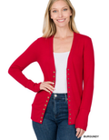 A stylish burgundy long sleeve cardigan with snap-button closure on a neutral background.