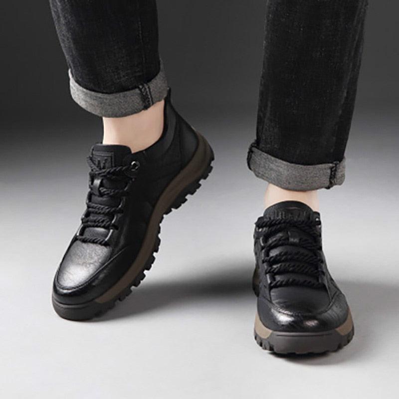 Mens Black Leather Platform Lace-Up Casual Business Dress Shoes