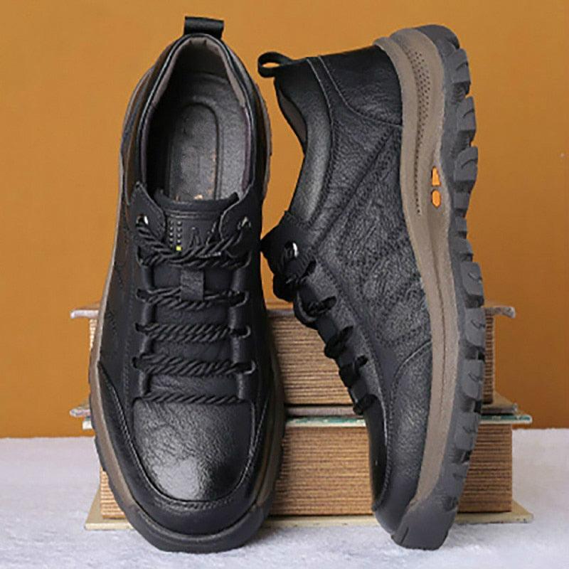 Stevvex mens black leather lace-up platform dress shoes with round toe