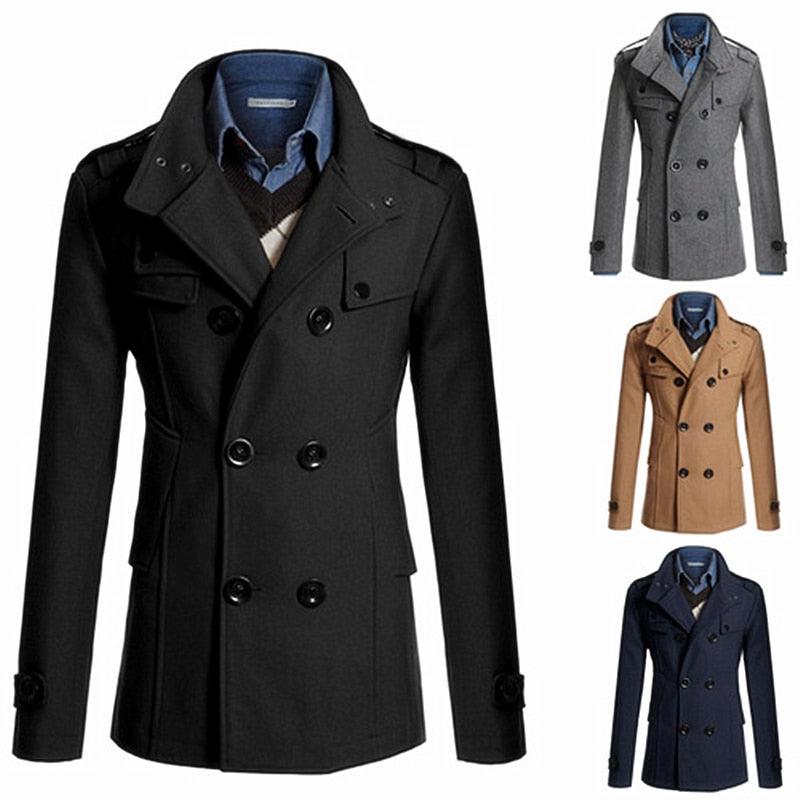 A man wearing a classic black cotton trench coat with lapel collar and side pockets.