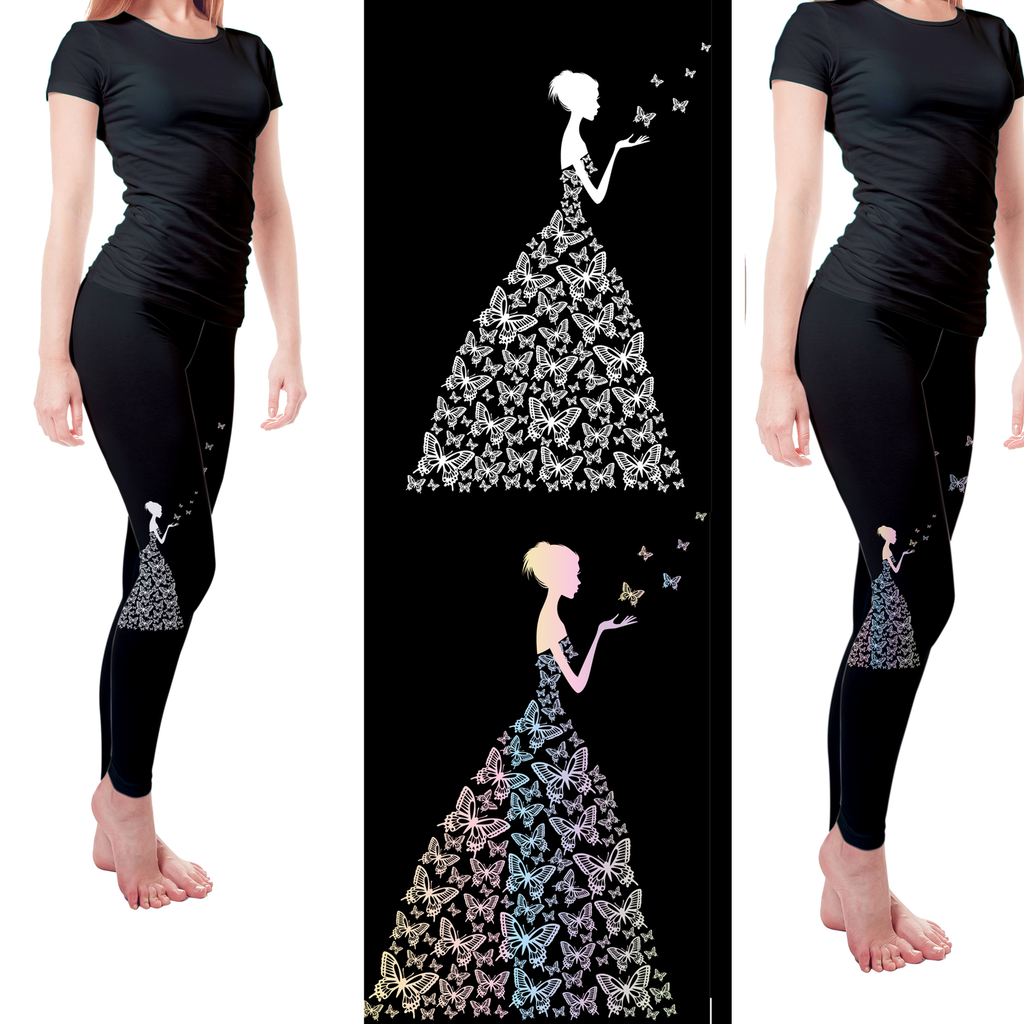 Pastel Black White Butterfly Girl Handmade Leggings with Pockets