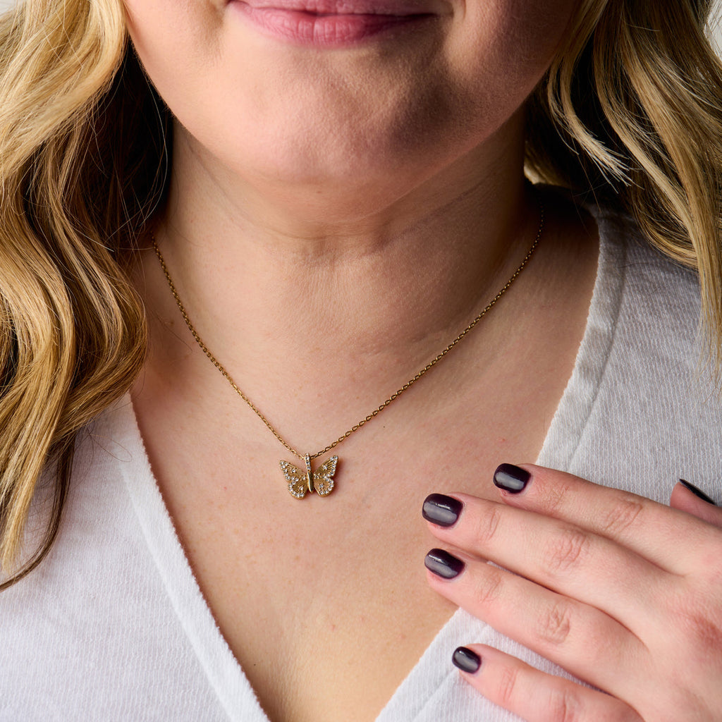 Butterfly Pendant Necklace with Crystal Accents, Adjustable Chain