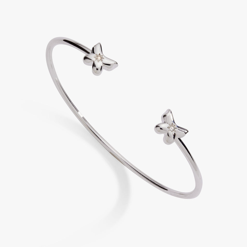 Puffy Butterfly Crystal Flex Cuff Bracelet in Silver Tone