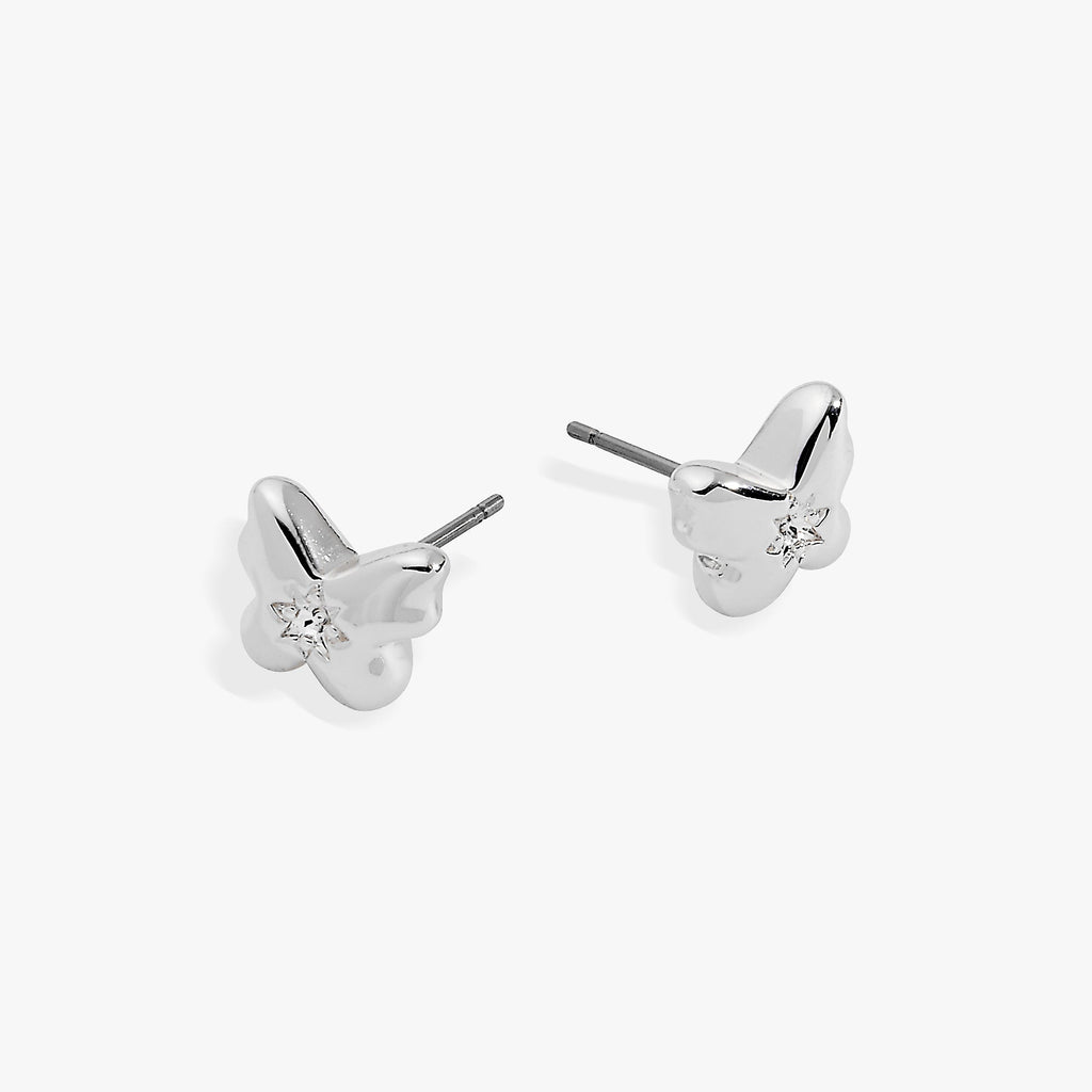 Puffy Butterfly Crystal Stud Earrings in Silver-Plated Finish