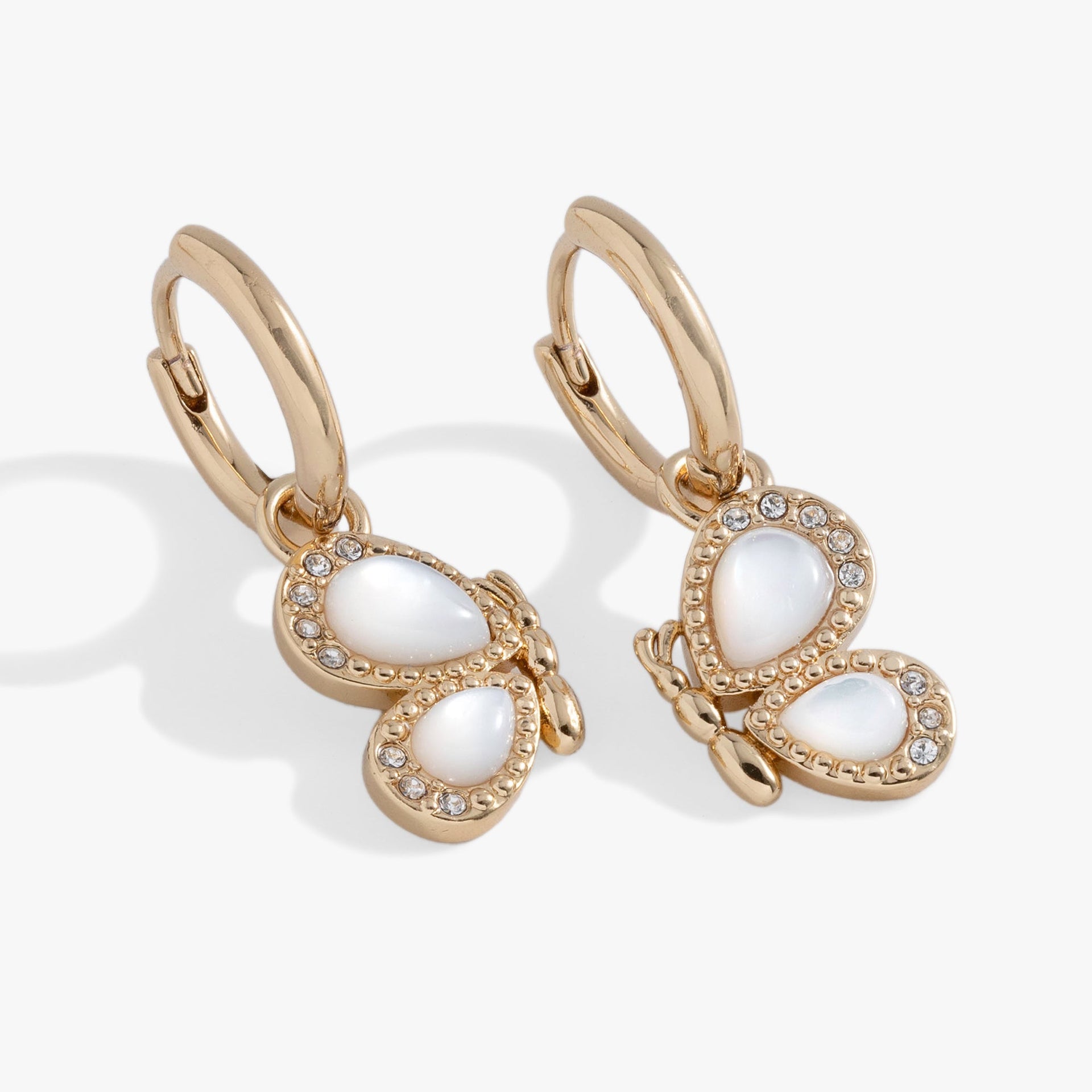 Butterfly Mother of Pearl Huggie Hoop Earrings with Pavé Crystals