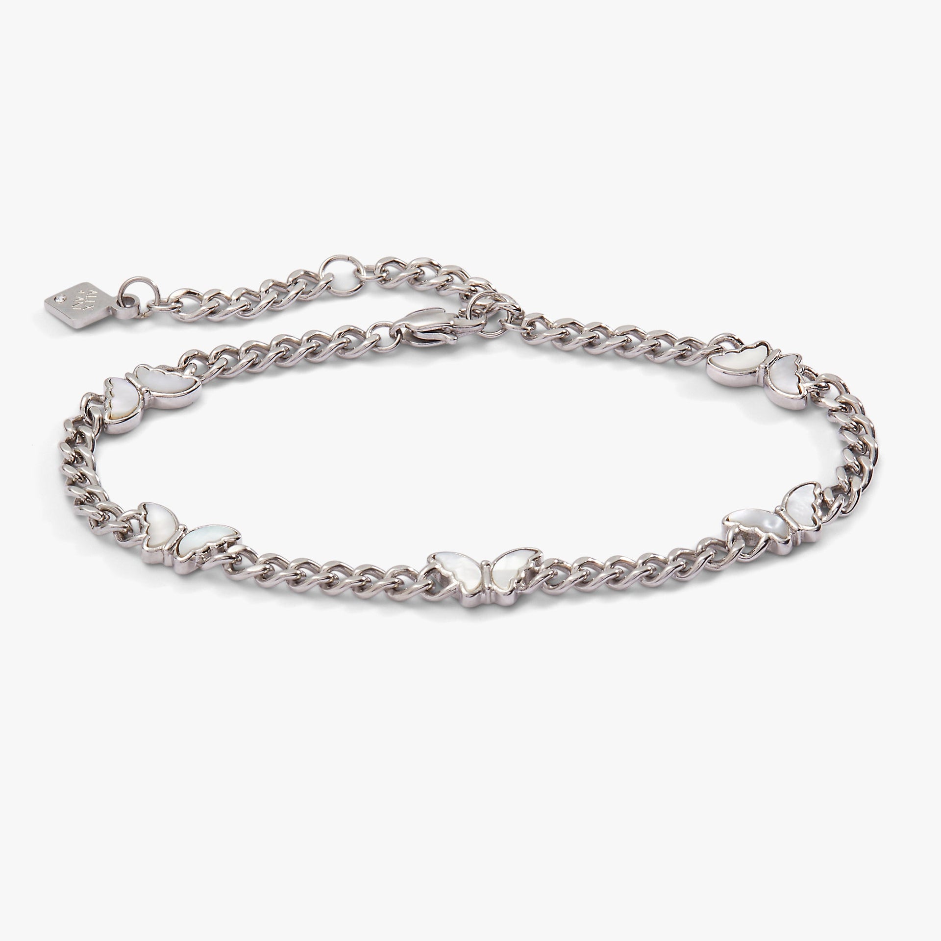 Silver curb chain bracelet with five crystal-accented butterfly charms.