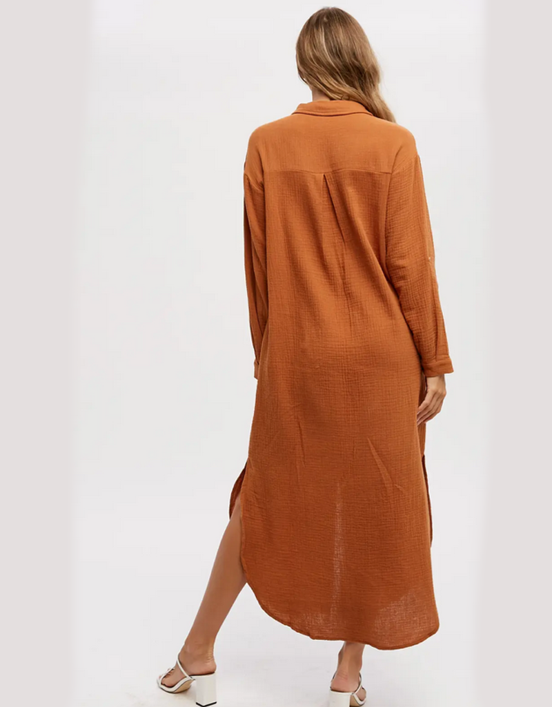 Button Up Maxi Shirt Dress with Pockets in Brick Cotton